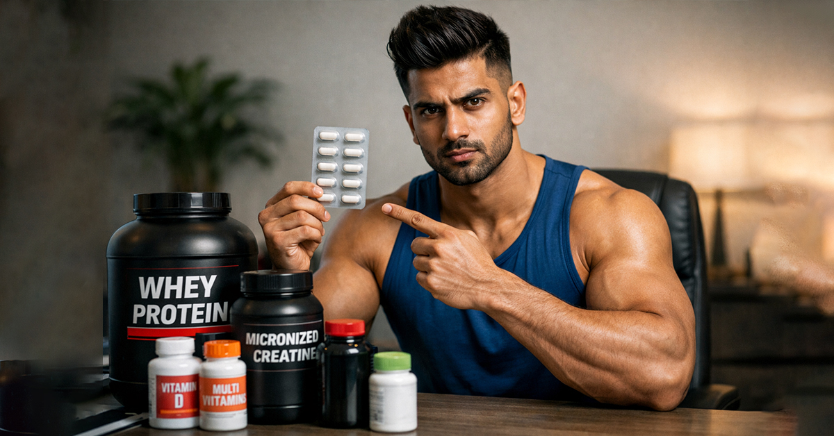 A man who have a great physique showing his gym supplements.